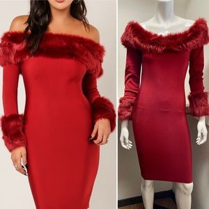 🆕WOW Couture Rich Red Holiday Bodycon Bandage dress with faux fur trim🎁